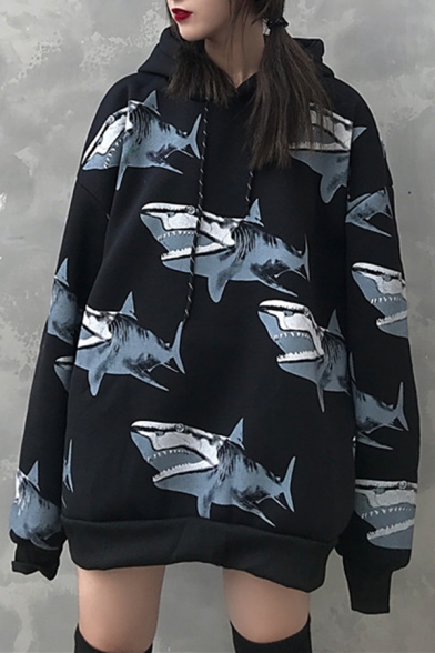 Unique Creative Shark Print Long Sleeve Loose Unisex Drawstring Hoodie
