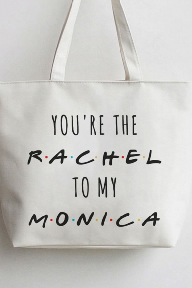 White YOU'RE THE RACHEL TO MY MONICA Letter Printed Zip Closure Tote Shoulder Bag