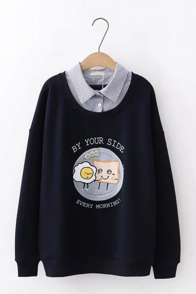 BUY YOUR SIDE Fried Egg Bread Embroidery Pattern False Two Pieces Panel Oversized Pullover Sweatshirt