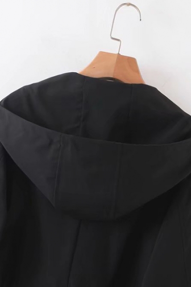 Casual Flap Pocket Elastic Cuffs Back Split Drawstring Waist Windbreaker Hooded Coat