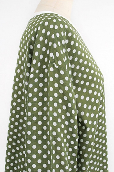 Fashion 3/4 Sleeve Polka Dot Printed Contrast Trim Side Split High Low Hem T-Shirt Top