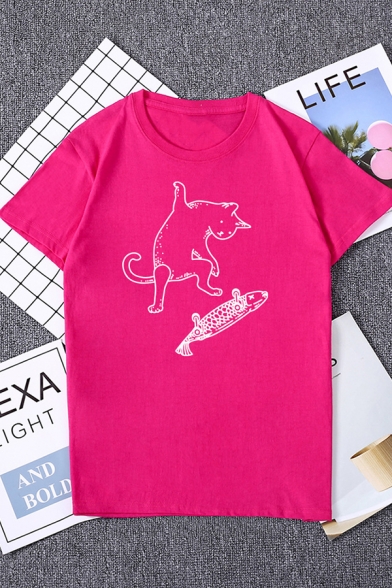 Funny Cat and Fish Printed Short Sleeve Round Neck Casual T-Shirt Top
