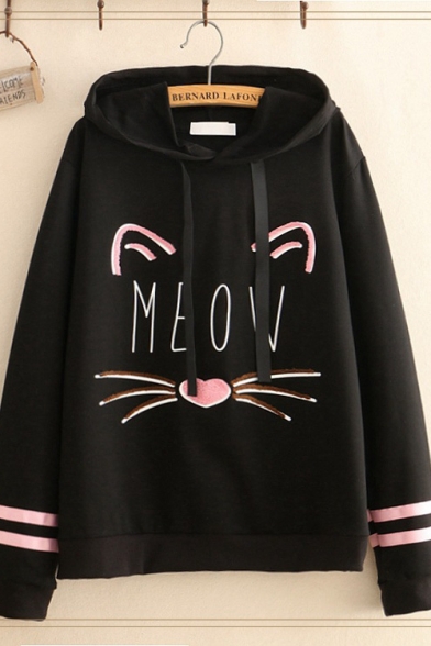 Girls Sweet Cat MEOW Letter Print Striped Long Sleeve Pullover Hoodie
