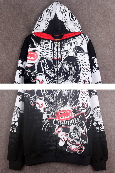 Hip Hop Style Graffiti Archive Print Long Sleeve Exaggerated Zip Up Hoodie