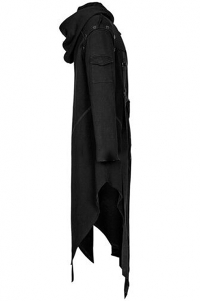 Mens Halloween Cosplay Split Asymmetric Hem Zip Up Black Long Hooded Jacket Coat