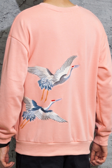 Mens Hot Fashion Crane Floral Letter Print Round Neck Long Sleeve Casual Loose Sweatshirt