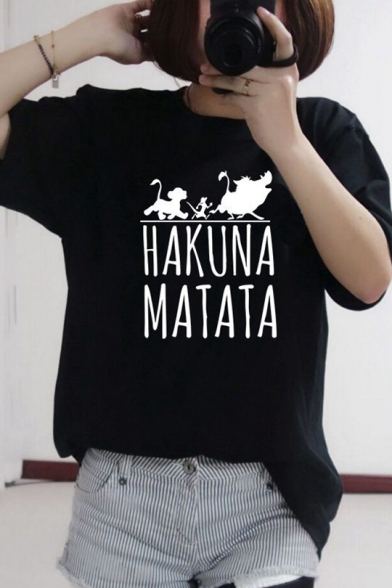 Popular Letter HAKUNA MATATA Lion Printed Short Sleeve Loose T-Shirt for Girl