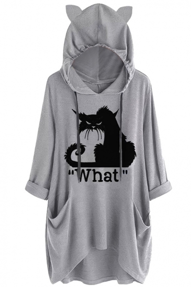Simple Letter WHAT Cat Print Plain Casual Oversized Longline Drawstring Hoodie