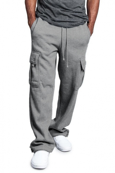Simple Plain Drawstring Waist Flap Pocket Straight Leg Cargo Pants