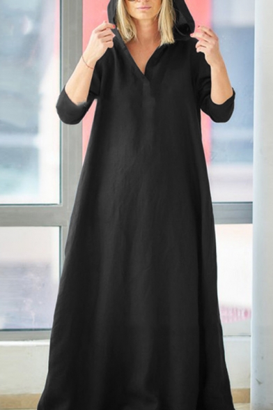 Plus size Long Sleeve Casual Hooded Dress loose stretch solid color Long Coat