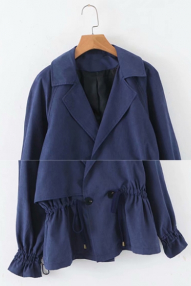 Womens Leisure Lapel Collar Double Button Drawstring Waist Solid Color Short Trench Coat