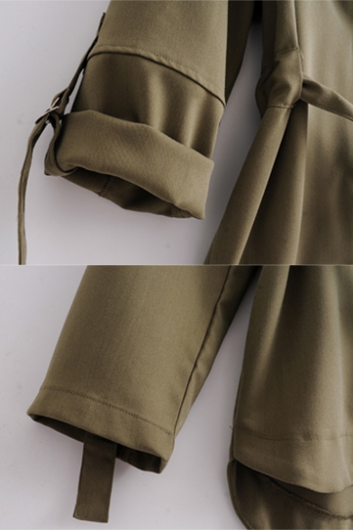 Womens Leisure Notched Lapel Tied Waist High Low Hem Army Green Dust Coat