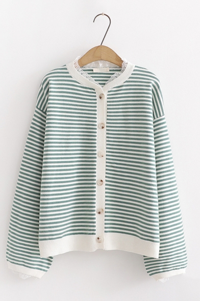 Womens Striped Printed Blouson Long Sleeve Button Down Loose Sweater Cardigan