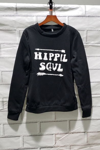 Chic Arrow Pattern HIPPIE SOUL Letter Print Long Sleeve Oversized Pullover Sweatshirt