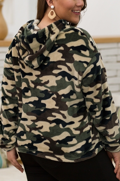 Camouflage Pattern Long Sleeves Oversized Faux Fur Teddy Hoodie