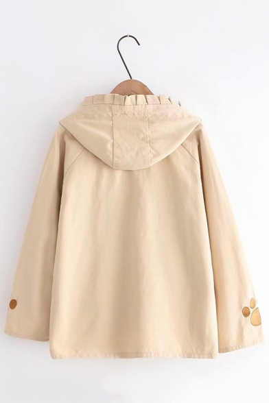 Lovely Embroidery Cat Bow Pocket Single Button Long Sleeve Hooded Trench Coat