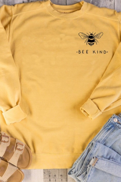 Simple BEE KIND Printed Solid Color Crewneck Long Sleeve Oversized Pullover Sweatshirt