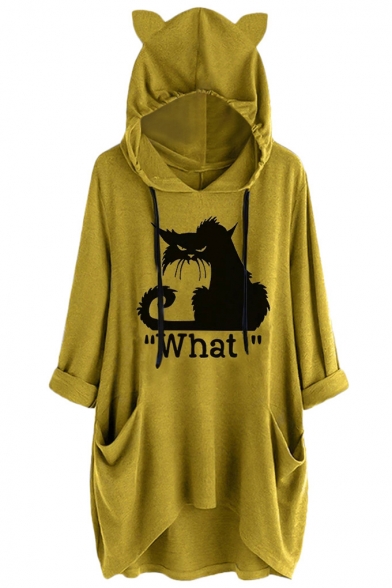 Simple Letter WHAT Cat Print Plain Casual Oversized Longline Drawstring Hoodie