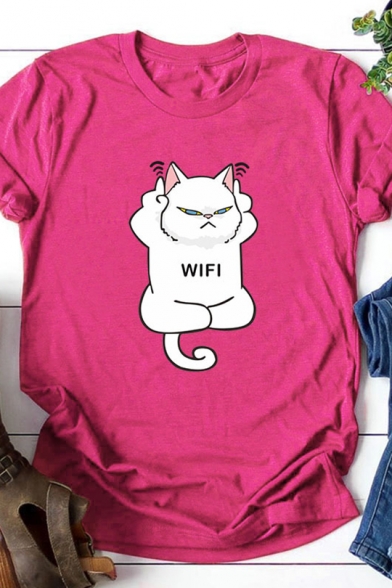 Stylish WIFI Cat Print Round Neck Short Sleeve Loose T-Shirt for Girl