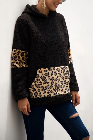 Stylish Winter Warm Faux Fur Teddy Leopard Printed Patchwork Long Sleeves Hoodie With Pocket