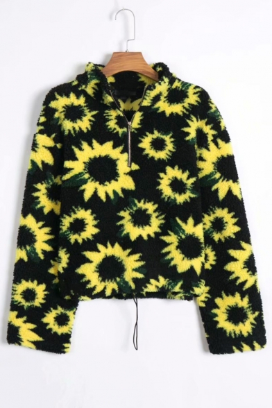 Sunflower Printed Stand Collar Half Zip Drawstring Hem Cropped Fluff Teddy Sweatshirt
