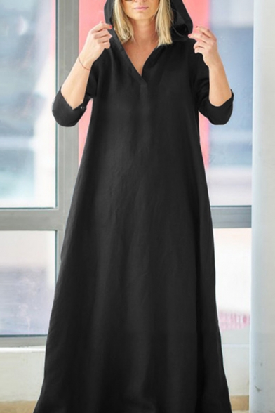 Womens Casual Plus Size Solid Color Cotton Maxi Loose Hooded Dress