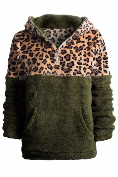 Womens Winter Warm Faux Fur Teddy Leopard Print Patchwork Half-Zip Long Sleeves Hoodie With Pockets