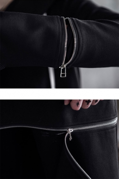 Black Long Sleeve Zipper Panel Slit Back Drawstring Longline Hoodie