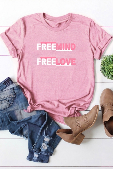 Colorblocked Letter FREEMIND FREELOVE Printed Short Sleeve Casual T-Shirt for Women