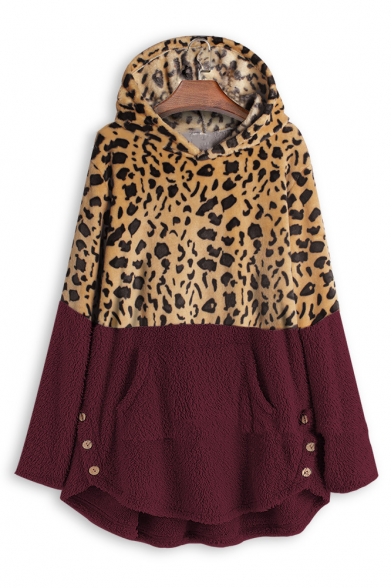 Fashionable Long Sleeve Color Block Leopard Printed Warm Fluffy Teddy Longline Hoodie