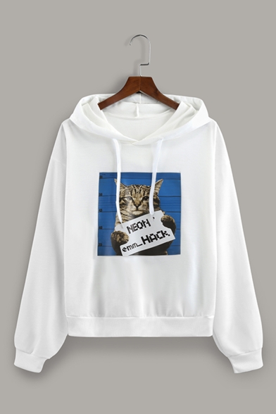 Funny Letter NEON HACK Cat Printed Long Sleeve White Drawstring Hoodie