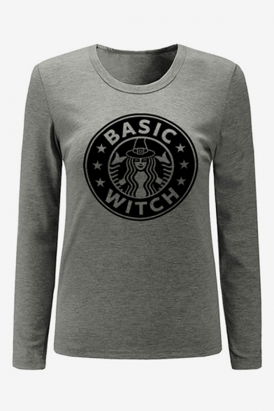 Girl BASIC WITCH Logo Printed Long Sleeve Round Neck Gray Fitted T-Shirt