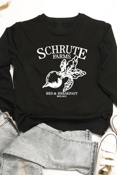 Letter SCHRUTE FARMS BEDBREAKFAST Printed Long Sleeve Loose Fit Pullover Sweatshirt