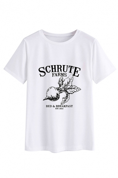 Letter SCHRUTE FARMS Plant Pattern Short Sleeve Graphic T-Shirt Top