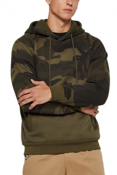 Mens New Fashion Camouflage Patched  Long Sleeve Casual Pullover Drawstring Hoodie