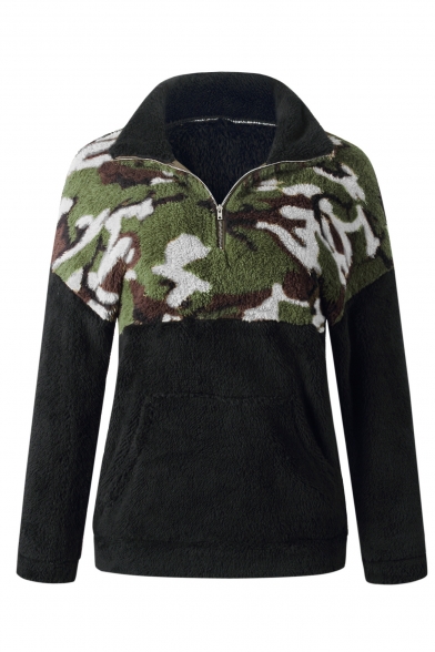 New Stylish Half-Zip Stand Up Collar Camouflage Pattern Patchwork Color Block Pocket Long Sleeves Fluffy Teddy Sweatshirt