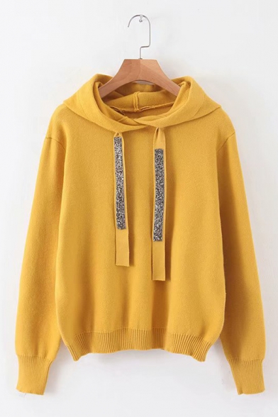 Plain Long Sleeve Rhinestone Embellished Drawstring Hood Sweater Womens Loose Hoodie