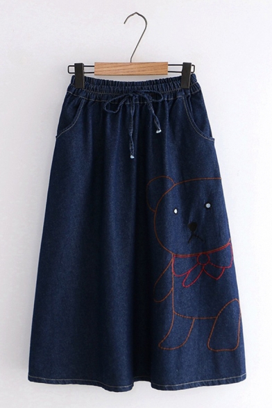 Simple Elastic Tied Waist Bear Embroidery Printed Faded Wash Denim Mid-Length Skirt