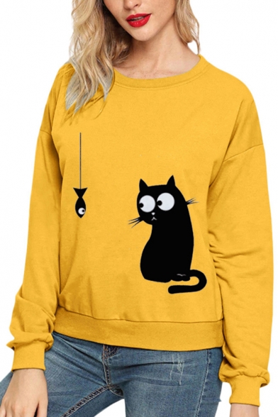 Womens Cartoon Cat Fish Pattern Long Sleeve Casual Pullover Sweatshirt