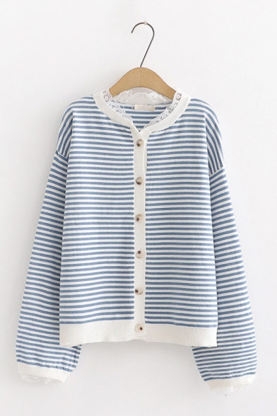 Womens Striped Printed Blouson Long Sleeve Button Down Loose Sweater Cardigan