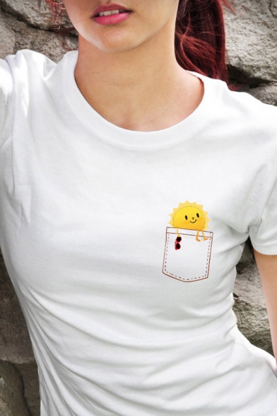Womens Trendy Cute Sun Pattern Crew Neck Short Sleeve Slim Fit T-Shirt