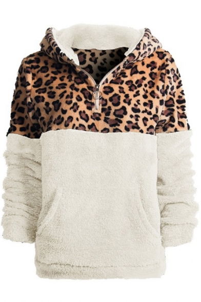 Womens Winter Warm Faux Fur Teddy Leopard Print Patchwork Half-Zip Long Sleeves Hoodie With Pockets