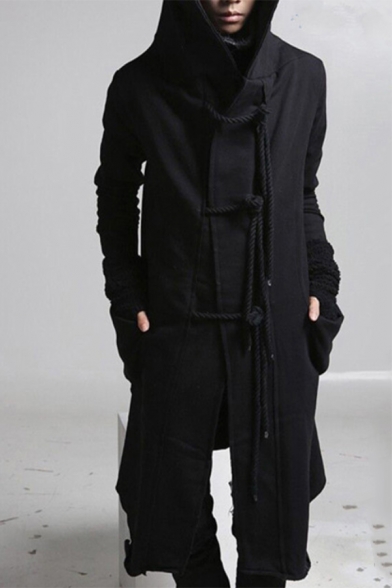 Black Punk Style Braided Rope Embellished Long Sleeve Long Length Hoodie Coat with Big Pocket