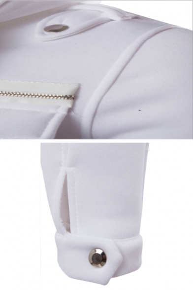 Casual Plain Epaulet Design Buttoned Flap Pocket Single-Breasted Zipper Hoodie Coat