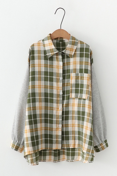 Check Pattern Fold-Over Collar Long Sleeve Chest Pocket Single-Breasted Loose Relaxed Shirt