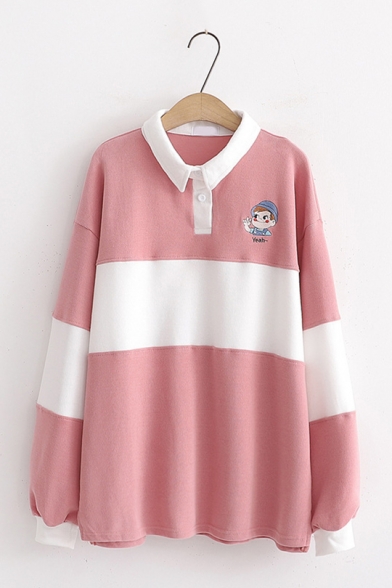 Girls Preppy Style Cartoon Boy Pattern Color Block Striped Contrast Collar Oversized Sweater