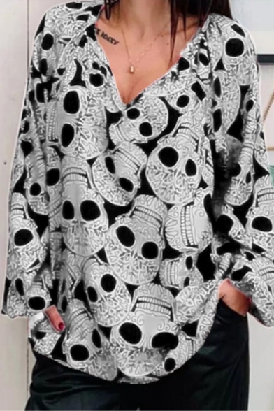 Halloween All Over Skull Pattern V Neck Long Sleeve Oversized T-Shirt
