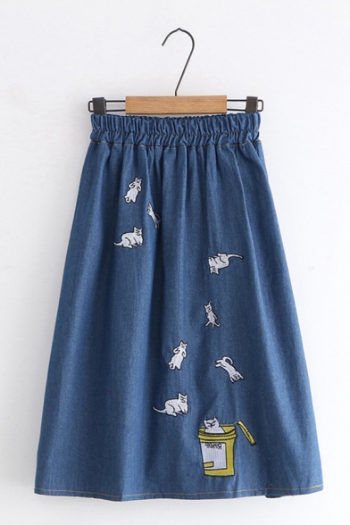 Lovely Cats Embroidery Elastic Waist Denim Midi A-Line Skirt