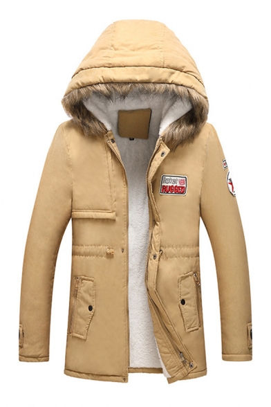 Mens Sherpa Lined Fur-Trimmed Hood Applique Embellished Zip Up Longline Down Coat