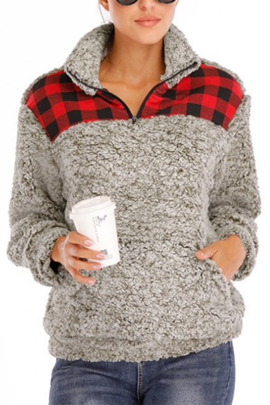 New Fashion Plaid Print Half-Zip Stand Collar Long Sleeve Color Block Fluffy Teddy Pullover Sweatshirt